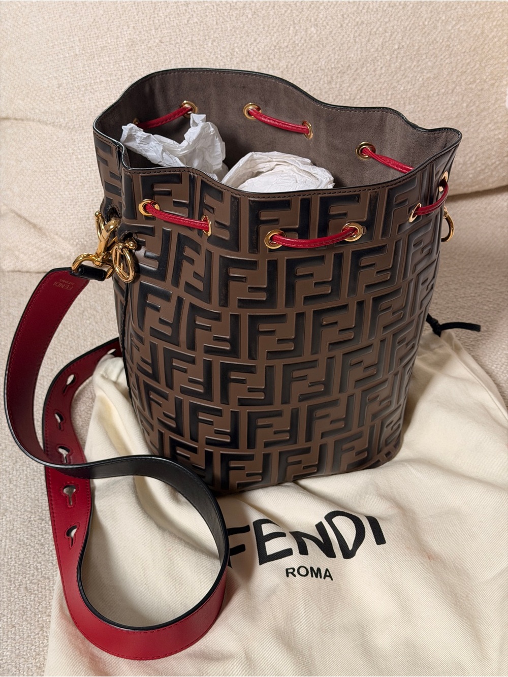 Fendi Mon Tresor FF Monogram Bucket Bag with Red Trim